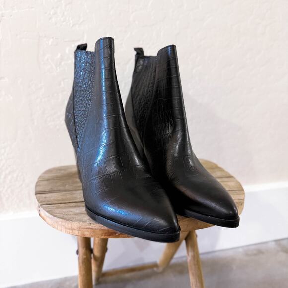 Marc Fisher Alva Croc Embossed Leather Block Heels Boots Black Old Money 7.5 NEW - Picture 4 of 11